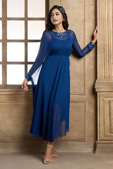 Buy Aariyana Couture Blue Viscose, Georgette, Taffeta Embroidery Round Neck Placement Floral Tunic Buy_Aariyana Couture_Blue Viscose, Georgette, Taffeta Embroidery Round Neck Placement Floral Tunic