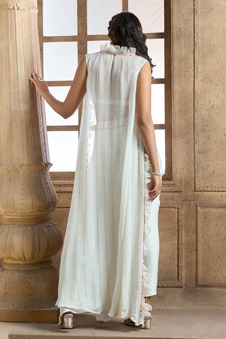 Shop Aariyana Couture Ivory Modal, Viscose Beads, Embroidery Open Ruffle Jacket And Draped Skirt Set at Aza Fashions Shop_Aariyana Couture_Ivory Modal, Viscose Beads, Embroidery Open Ruffle Jacket And Draped Skirt Set_at_Aza_Fashions