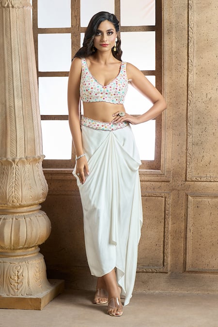 Buy Aariyana Couture Ivory Modal, Viscose Beads, Embroidery Open Ruffle Jacket And Draped Skirt Set Online at Aza Fashions Buy_Aariyana Couture_Ivory Modal, Viscose Beads, Embroidery Open Ruffle Jacket And Draped Skirt Set_Online_at_Aza_Fashions