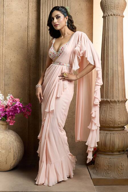 Aariyana Couture Peach Silk, Viscose, Georgette Beads, Ruffle Pre-draped Saree With Bustier at Aza Fashions Aariyana Couture_Peach Silk, Viscose, Georgette Beads, Ruffle Pre-draped Saree With Bustier_at_Aza_Fashions