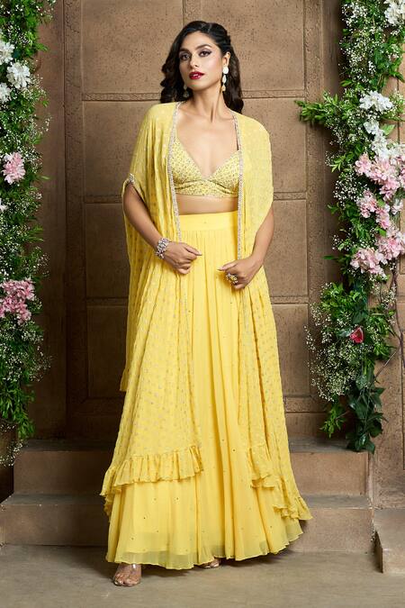 Buy Aariyana Couture Yellow Denim, Chiffon Sequins Scoop Neck Woven Cape Lehenga Set Online at Aza Fashions Buy_Aariyana Couture_Yellow Denim, Chiffon Sequins Scoop Neck Woven Cape Lehenga Set_Online_at_Aza_Fashions