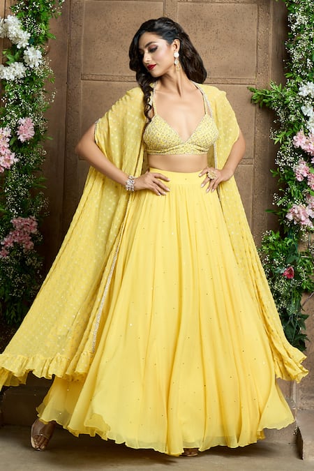 Aariyana Couture Yellow Denim, Chiffon Sequins Scoop Neck Woven Cape Lehenga Set at Aza Fashions Aariyana Couture_Yellow Denim, Chiffon Sequins Scoop Neck Woven Cape Lehenga Set_at_Aza_Fashions