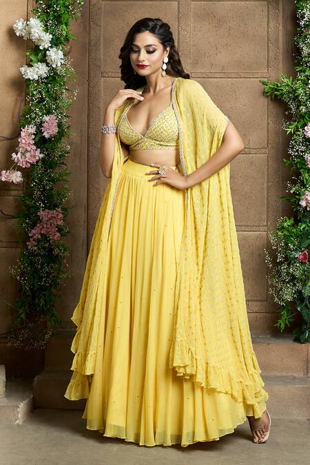 Shop Aariyana Couture Yellow Denim, Chiffon Sequins Scoop Neck Woven Cape Lehenga Set Shop_Aariyana Couture_Yellow Denim, Chiffon Sequins Scoop Neck Woven Cape Lehenga Set