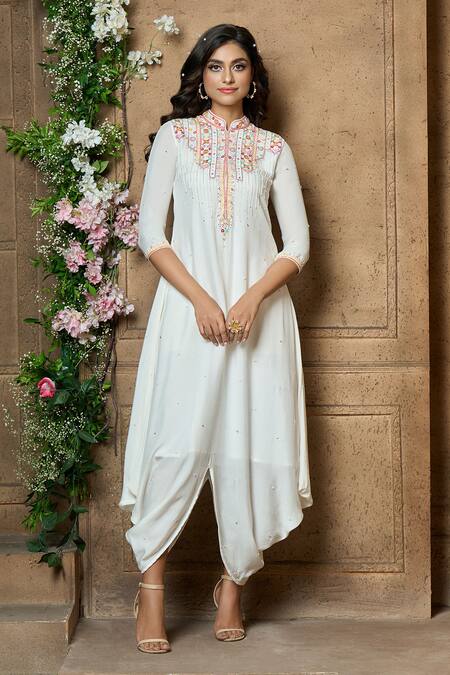 Aariyana Couture_Ivory Cotton, Silk Beads, Sequins Mandarin Collar Yoke Embroidered Draped Tunic_Online_at_Aza_Fashions
