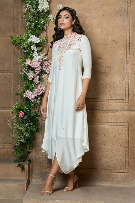 Shop_Aariyana Couture_Ivory Cotton, Silk Beads, Sequins Mandarin Collar Yoke Embroidered Draped Tunic_Online_at_Aza_Fashions