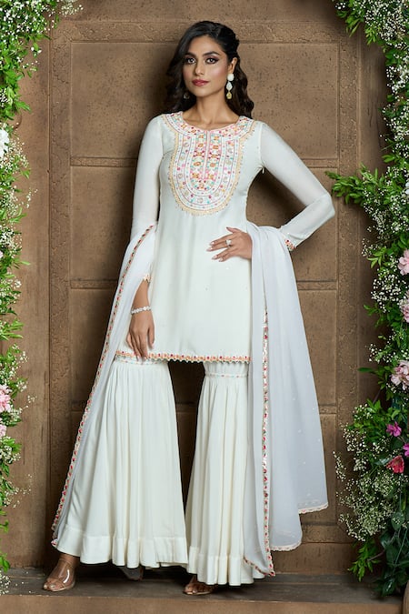 Buy Aariyana Couture Ivory Cotton, Silk, Chiffon Embroidery, Lace Round Neck Kurta Sharara Set Online at Aza Fashions Buy_Aariyana Couture_Ivory Cotton, Silk, Chiffon Embroidery, Lace Round Neck Kurta Sharara Set_Online_at_Aza_Fashions