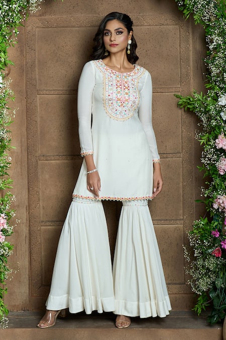 Aariyana Couture Ivory Cotton, Silk, Chiffon Embroidery, Lace Round Neck Kurta Sharara Set at Aza Fashions Aariyana Couture_Ivory Cotton, Silk, Chiffon Embroidery, Lace Round Neck Kurta Sharara Set_at_Aza_Fashions