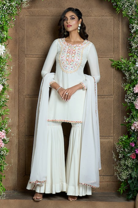 Buy Aariyana Couture Ivory Cotton, Silk, Chiffon Embroidery, Lace Round Neck Kurta Sharara Set Buy_Aariyana Couture_Ivory Cotton, Silk, Chiffon Embroidery, Lace Round Neck Kurta Sharara Set