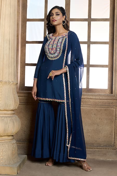 Aariyana Couture Blue Cotton, Silk, Chiffon Embroidery Round Neck Floral Yoke Kurta Sharara Set Online at Aza Fashions Aariyana Couture_Blue Cotton, Silk, Chiffon Embroidery Round Neck Floral Yoke Kurta Sharara Set_Online_at_Aza_Fashions
