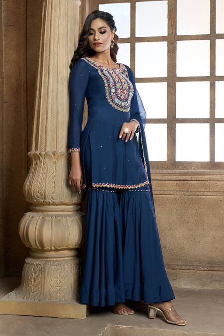 Buy Aariyana Couture Blue Cotton, Silk, Chiffon Embroidery Round Neck Floral Yoke Kurta Sharara Set Online at Aza Fashions Buy_Aariyana Couture_Blue Cotton, Silk, Chiffon Embroidery Round Neck Floral Yoke Kurta Sharara Set_Online_at_Aza_Fashions