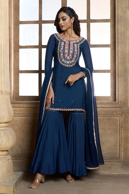 Shop Aariyana Couture Blue Cotton, Silk, Chiffon Embroidery Round Neck Floral Yoke Kurta Sharara Set Online at Aza Fashions Shop_Aariyana Couture_Blue Cotton, Silk, Chiffon Embroidery Round Neck Floral Yoke Kurta Sharara Set_Online_at_Aza_Fashions