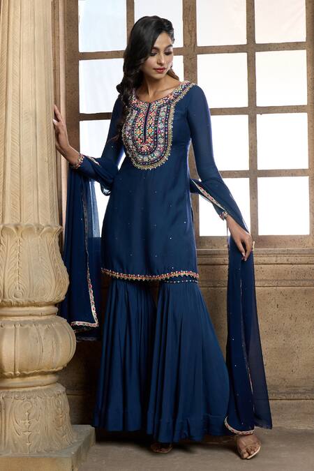 Aariyana Couture Blue Cotton, Silk, Chiffon Embroidery Round Neck Floral Yoke Kurta Sharara Set at Aza Fashions Aariyana Couture_Blue Cotton, Silk, Chiffon Embroidery Round Neck Floral Yoke Kurta Sharara Set_at_Aza_Fashions