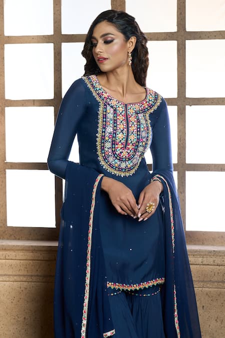 Buy Aariyana Couture Blue Cotton, Silk, Chiffon Embroidery Round Neck Floral Yoke Kurta Sharara Set Buy_Aariyana Couture_Blue Cotton, Silk, Chiffon Embroidery Round Neck Floral Yoke Kurta Sharara Set