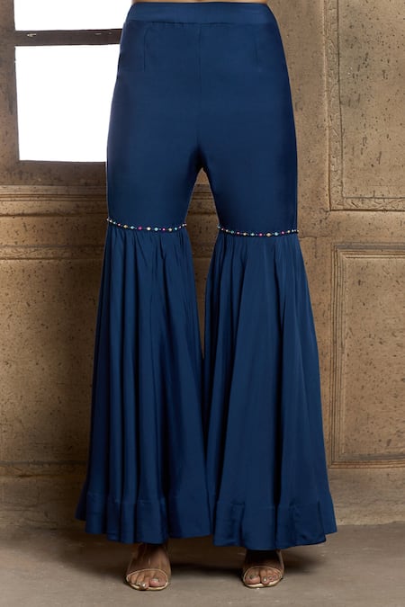 Shop Aariyana Couture Blue Cotton, Silk, Chiffon Embroidery Round Neck Floral Yoke Kurta Sharara Set Shop_Aariyana Couture_Blue Cotton, Silk, Chiffon Embroidery Round Neck Floral Yoke Kurta Sharara Set