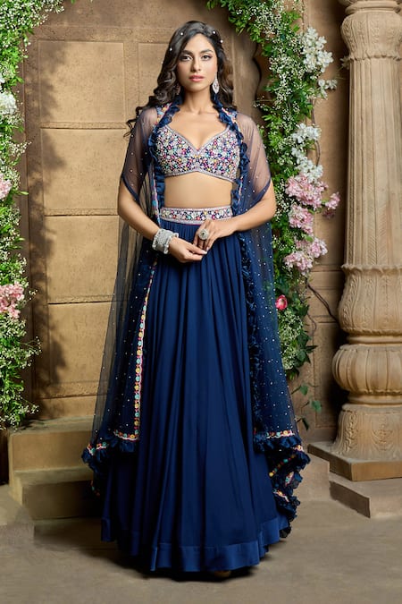 Buy Blue Lehenga Raw Silk Embroidery Orchid Banarasi Blouse Set For Women  by Weaver Story Online at Aza Fashions.