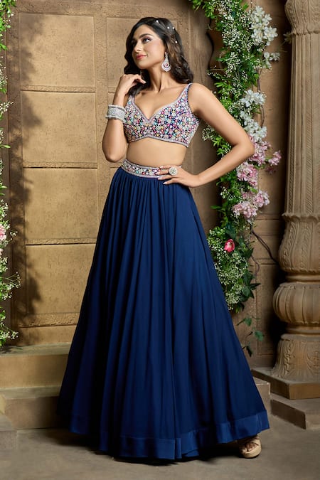 Shop Ariyana By Aza Blue Denim, Chiffon Embroidery Scoop Neck Ruffle Cape Lehenga Set Online at Aza Fashions Shop_Ariyana By Aza_Blue Denim, Chiffon Embroidery Scoop Neck Ruffle Cape Lehenga Set _Online_at_Aza_Fashions