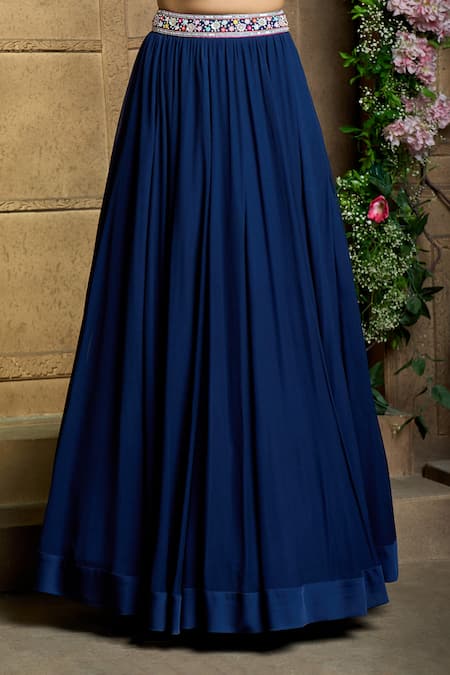 Ariyana By Aza Blue Denim, Chiffon Embroidery Scoop Neck Ruffle Cape Lehenga Set at Aza Fashions Ariyana By Aza_Blue Denim, Chiffon Embroidery Scoop Neck Ruffle Cape Lehenga Set _at_Aza_Fashions