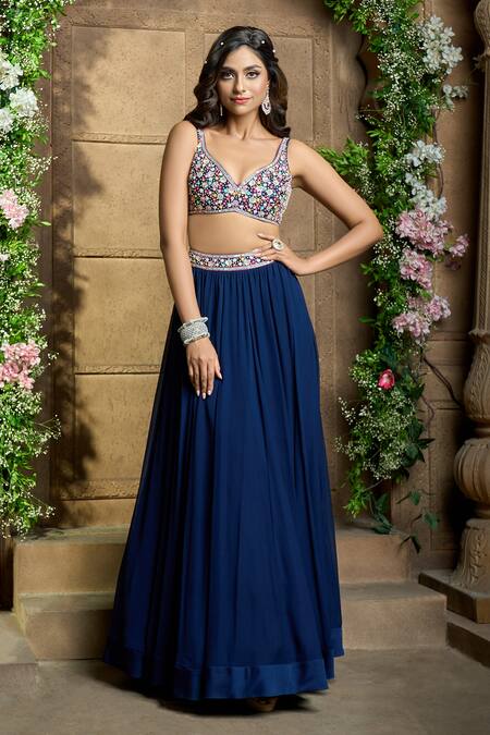 Buy Blue Georgette Embroidered Sequins Nefertiti Block Print Lehenga Set  For Women by Pooja Rajgarhia Gupta Online at Aza Fashions.