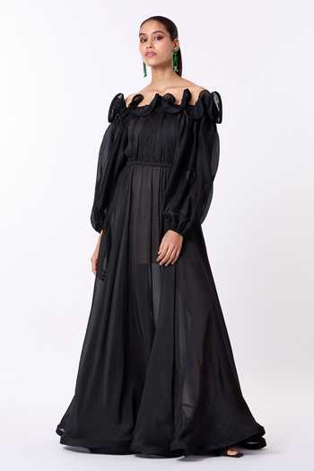 open lace back dress Women's Jane Layered Off-Shoulder Organza Maxi Dress XL Black and White Mean Blvd main image 0