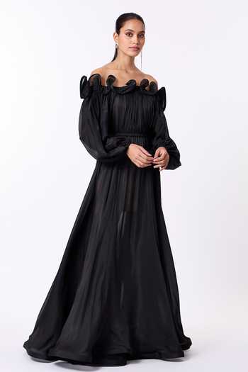knee length dresses for ladies Fitted Long Dress with Ruffled Organza Overdress – John Paul Ataker