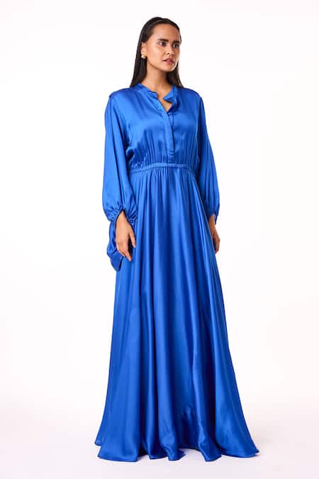 Shop_Scarlet Sage_Blue Mandarin Collar Valentina Full Sleeve Maxi Dress_Online_at_Aza_Fashions