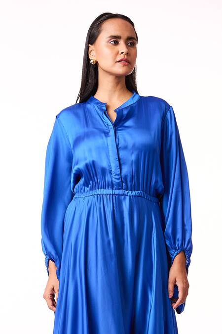 Scarlet Sage_Blue Mandarin Collar Valentina Full Sleeve Maxi Dress_at_Aza_Fashions