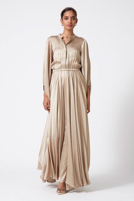 Scarlet Sage_Blue Mandarin Collar Bemberg Satin Maxi Dress With Bishop Sleeves_Online_at_Aza_Fashions