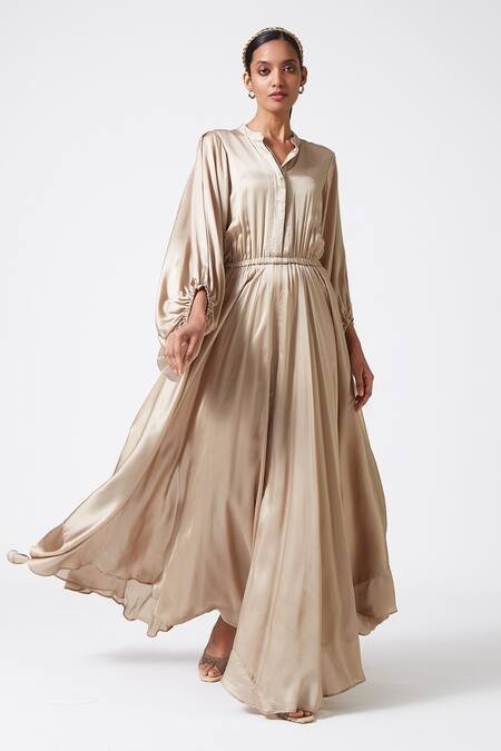 Buy_Scarlet Sage_Blue Mandarin Collar Bemberg Satin Maxi Dress With Bishop Sleeves_Online_at_Aza_Fashions