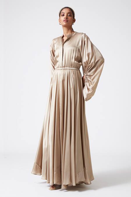 Shop_Scarlet Sage_Blue Mandarin Collar Bemberg Satin Maxi Dress With Bishop Sleeves_Online_at_Aza_Fashions