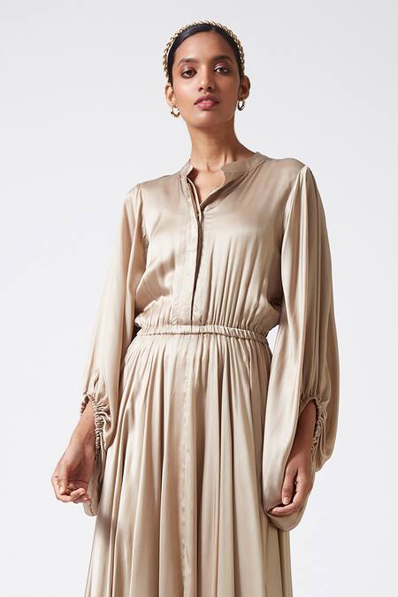 Scarlet Sage_Blue Mandarin Collar Bemberg Satin Maxi Dress With Bishop Sleeves_at_Aza_Fashions