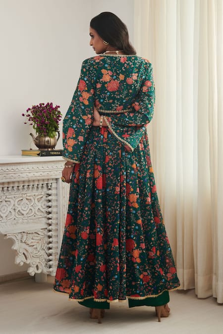 Shop_SHASHA GABA_Green Chanderi, Chiffon Sequins, Embroidery V-neck Hand Anarkali _at_Aza_Fashions