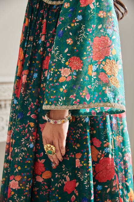 SHASHA GABA_Green Chanderi, Chiffon Sequins, Embroidery V-neck Hand Anarkali _Online_at_Aza_Fashions