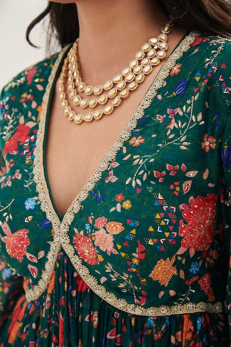 Buy_SHASHA GABA_Green Chanderi, Chiffon Sequins, Embroidery V-neck Hand Anarkali _Online_at_Aza_Fashions