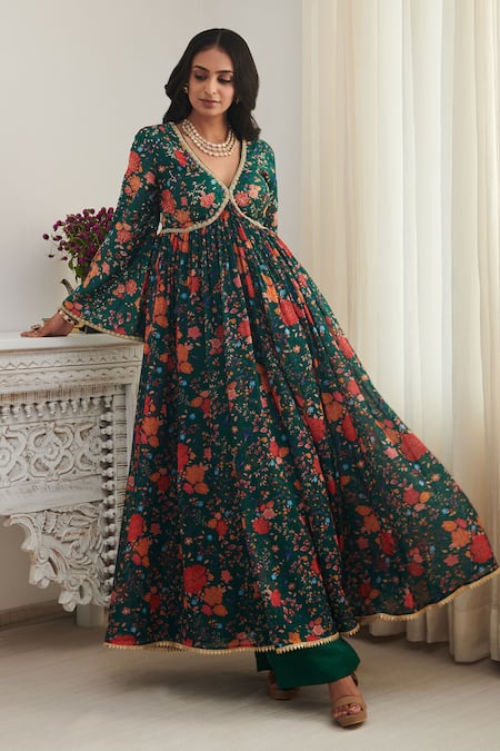 SHASHA GABA_Green Chanderi, Chiffon Sequins, Embroidery V-neck Hand Anarkali _at_Aza_Fashions