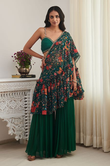 SHASHA GABA Embroidered Floral Print Shrug Gharara Set 