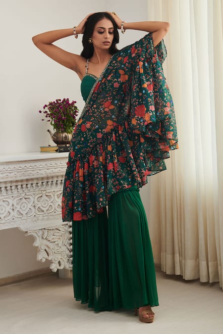 Shop_SHASHA GABA_Green Chiffon, Viscose Pearls, Embroidered Floral Print Shrug Gharara Set _Online_at_Aza_Fashions