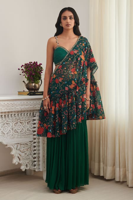 SHASHA GABA_Green Chiffon, Viscose Pearls, Embroidered Floral Print Shrug Gharara Set _at_Aza_Fashions