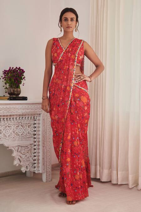 Saree : Red satin silk digital printed saree