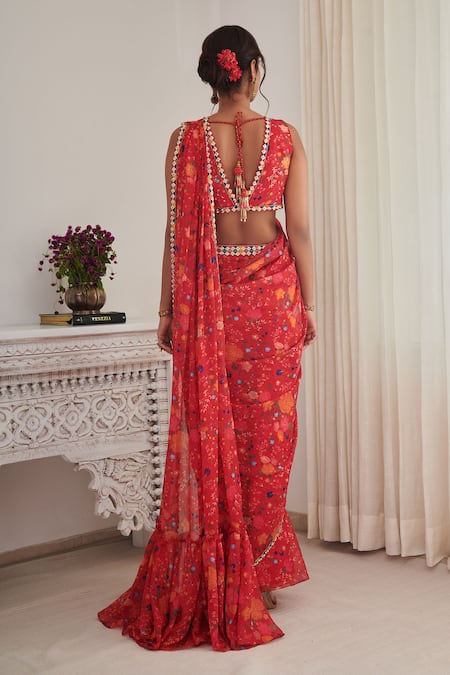 Shop SHASHA GABA Red Chanderi, Chiffon Sequins, Floral Print Pre-draped Saree With Blouse at Aza Fashions Shop_SHASHA GABA_Red Chanderi, Chiffon Sequins, Floral Print Pre-draped Saree With Blouse _at_Aza_Fashions