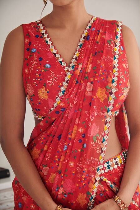 SHASHA GABA Red Chanderi, Chiffon Sequins, Floral Print Pre-draped Saree With Blouse Online at Aza Fashions SHASHA GABA_Red Chanderi, Chiffon Sequins, Floral Print Pre-draped Saree With Blouse _Online_at_Aza_Fashions