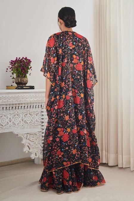 Shop SHASHA GABA Black Chiffon Sequins, Embroidery V-, Open Floral Print Jacket Set at Aza Fashions Shop_SHASHA GABA_Black Chiffon Sequins, Embroidery V-, Open Floral Print Jacket Set _at_Aza_Fashions