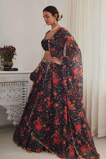 Buy_SHASHA GABA_Black Chanderi, Chiffon Embroidery, Pearls Sweetheart Neck Floral Lehenga Set _Online_at_Aza_Fashions