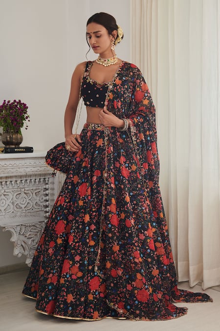 Shop_SHASHA GABA_Black Chanderi, Chiffon Embroidery, Pearls Sweetheart Neck Floral Lehenga Set _Online_at_Aza_Fashions