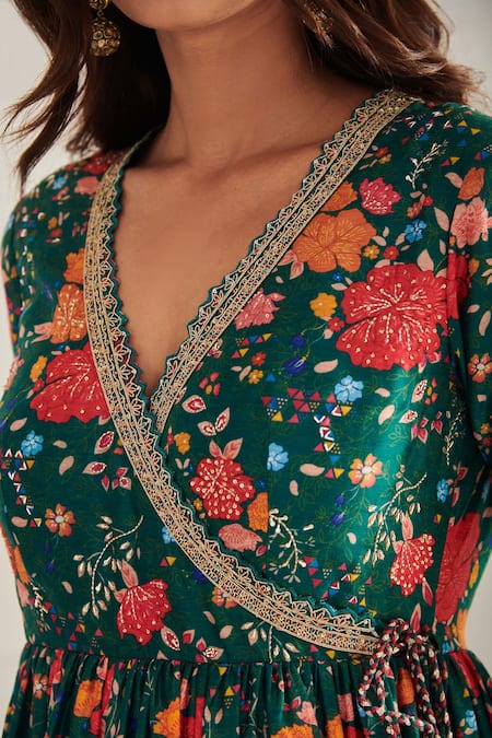 SHASHA GABA Green Chanderi, Satin Sequins, Embroidery V-neck Floral Print Anarkali Set Online at Aza Fashions SHASHA GABA_Green Chanderi, Satin Sequins, Embroidery V-neck Floral Print Anarkali Set _Online_at_Aza_Fashions