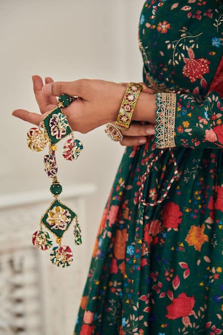 Buy SHASHA GABA Green Chanderi, Satin Sequins, Embroidery V-neck Floral Print Anarkali Set Online at Aza Fashions Buy_SHASHA GABA_Green Chanderi, Satin Sequins, Embroidery V-neck Floral Print Anarkali Set _Online_at_Aza_Fashions