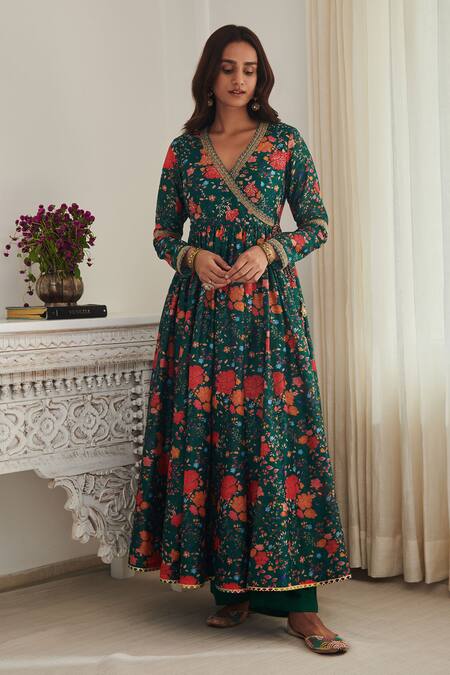 Shop SHASHA GABA Green Chanderi, Satin Sequins, Embroidery V-neck Floral Print Anarkali Set Online at Aza Fashions Shop_SHASHA GABA_Green Chanderi, Satin Sequins, Embroidery V-neck Floral Print Anarkali Set _Online_at_Aza_Fashions