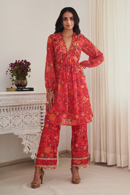 SHASHA GABA Floral Print Pleated Kurta & Pant Set 