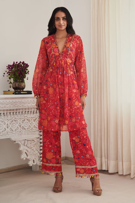SHASHA GABA_Red Chanderi, Chiffon Embroidery, Sequins, Floral Print Pleated Kurta And Pant Set _Online_at_Aza_Fashions