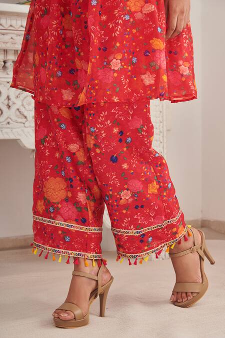 Buy_SHASHA GABA_Red Chanderi, Chiffon Embroidery, Sequins, Floral Print Pleated Kurta And Pant Set _Online_at_Aza_Fashions