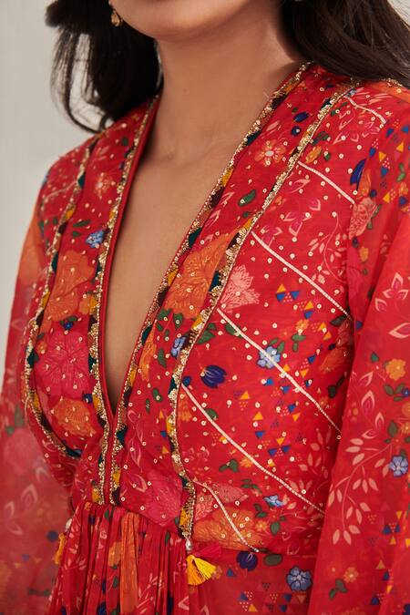 Shop_SHASHA GABA_Red Chanderi, Chiffon Embroidery, Sequins, Floral Print Pleated Kurta And Pant Set _Online_at_Aza_Fashions